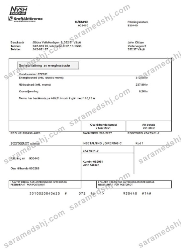 Sweden NVSH Energi utility bill template in Word and PDF format